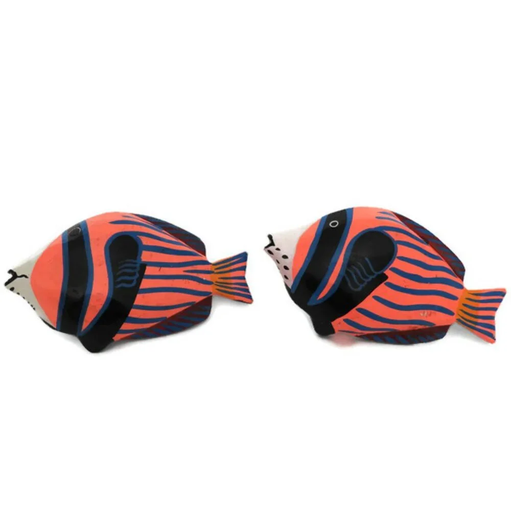 Large African Hand-Carved and Hand Painted Wood Pink Fish Napkin Rings Set of 2